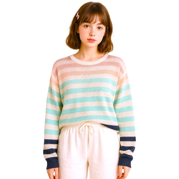 Open Knit Pastel Striped Sweater Lightweight Wmns Med Coastal Nautical Soft Girl - Picture 1 of 8